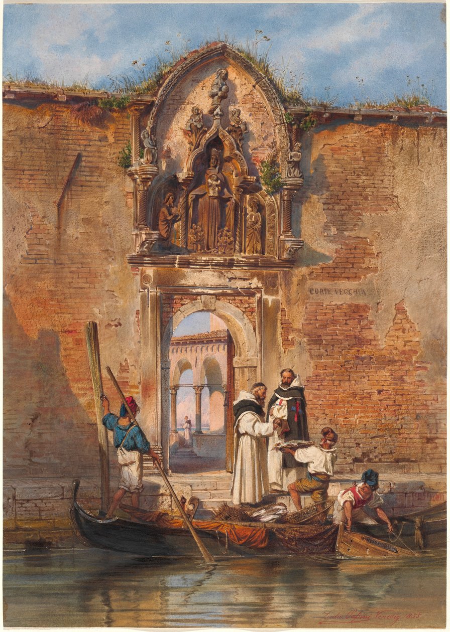 Munker som kjøper fisk før portalen til Madonna della Misericordia av Ludwig Johann Passini