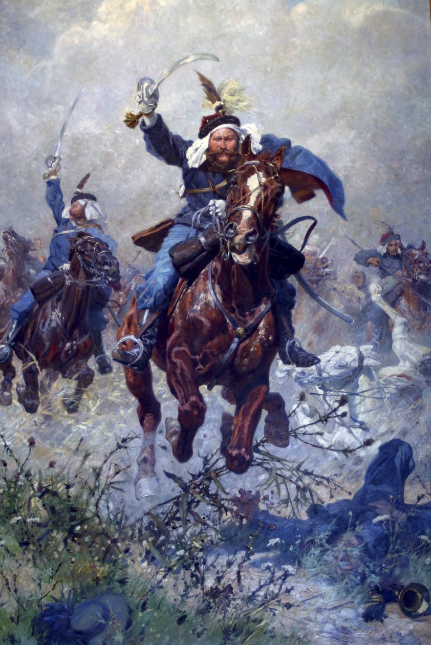 Oberst Maximilian Ritter von Rodakowski og de 13. Uhlans i slaget ved Custoza i 1866, 1908 (olje på lin) av Ludwig Koch