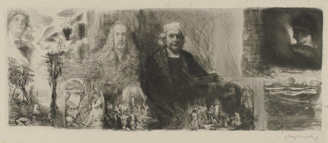 Verk av Rembrandt og Dürer i ulike trykketeknikker An die Schönheit (tittel på objekt) av Ludwig Michalek