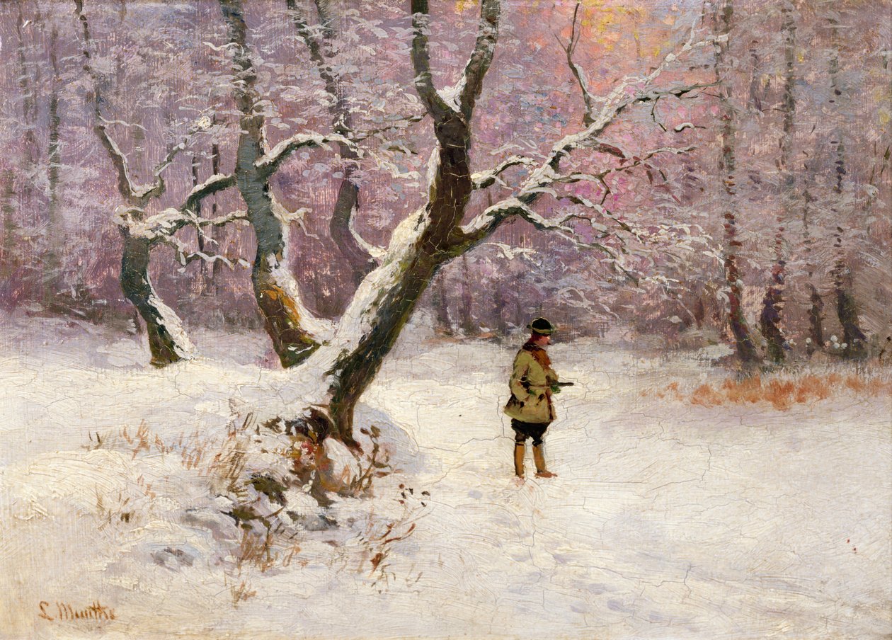 Vinterlandskap med jegere (olje på lerret) av Ludwig Munthe