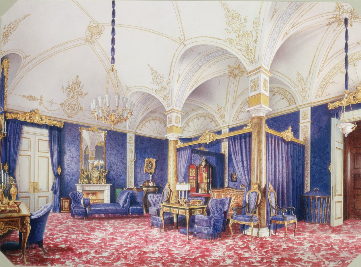 Interiør av Vinterpalasset. Sengekammeret til keiserinne Maria Alexandrovna, 1859 av Ludwig Premazzi