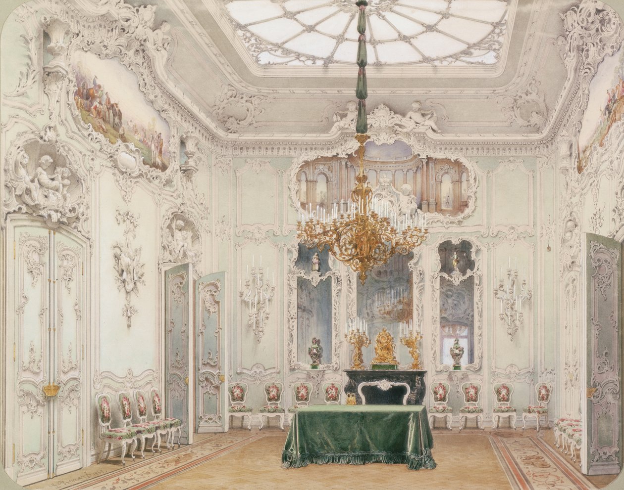 Interiør av Vinterpalasset. Den grønne spisestuen, 1852 av Ludwig Premazzi