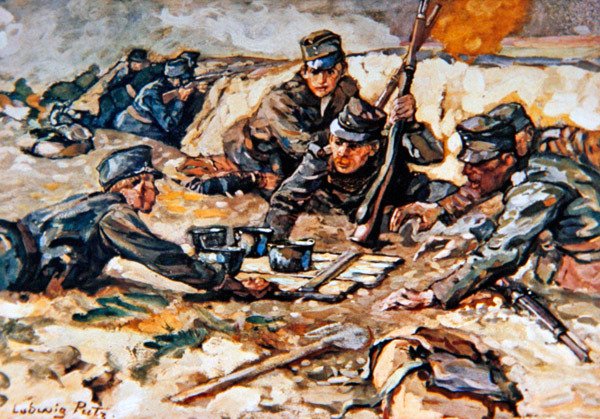 Bringe rasjoner til de østerrikske skyttergravene under ild fra russisk artilleri av Ludwig Putz