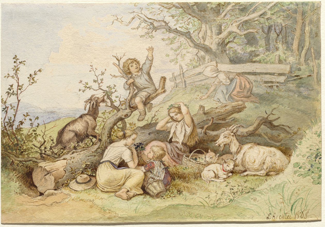 Barn og geiter hviler ved et felt tre av Ludwig Richter