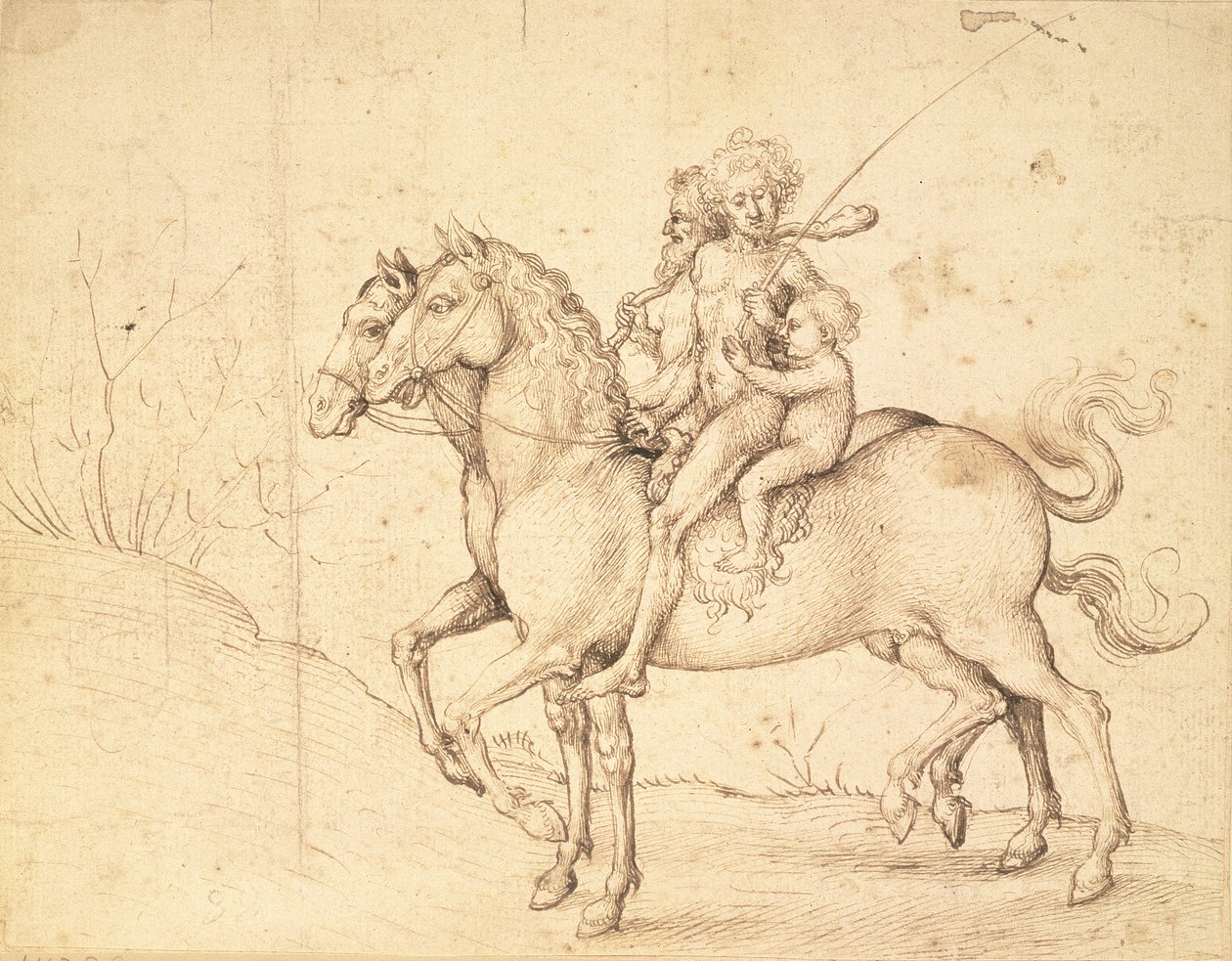 Savages on Horseback (penn og brunt blekk) av Ludwig Schongauer