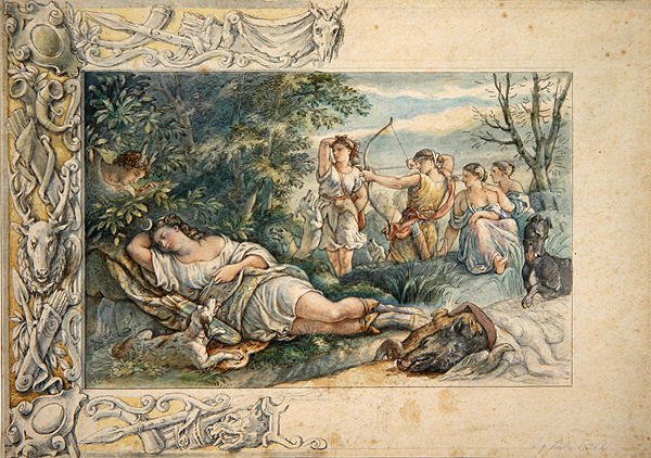 Sovende Diana med ledsagere (akvarell over grafitt på papir) av Ludwig Sigismund Ruhl