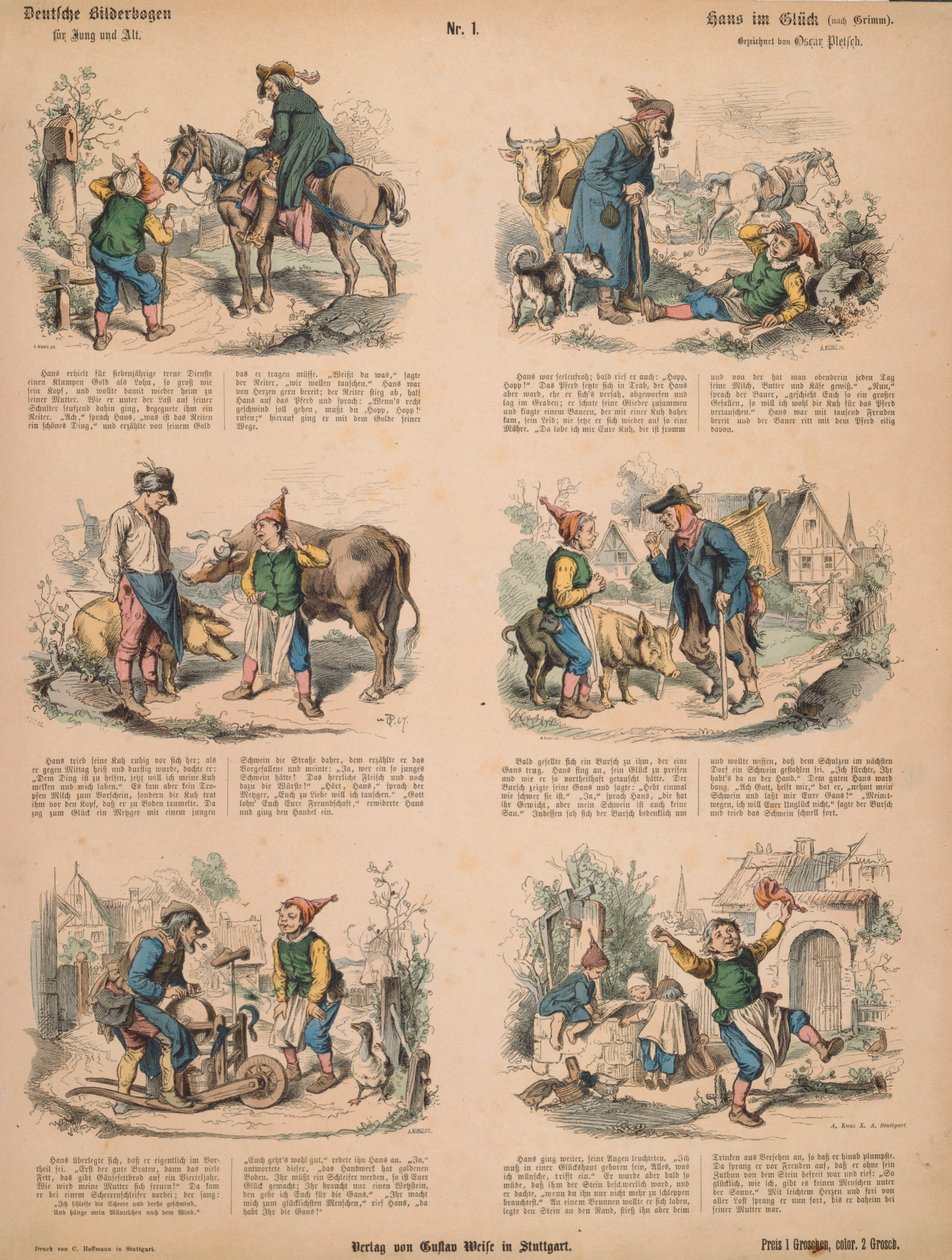 Hans i lykken (etter brødrene Grimm), nr.213 fra Muenchener Bilderbogen utgitt av Braun & Schneider, München, 1880 av Ludwig Voltz