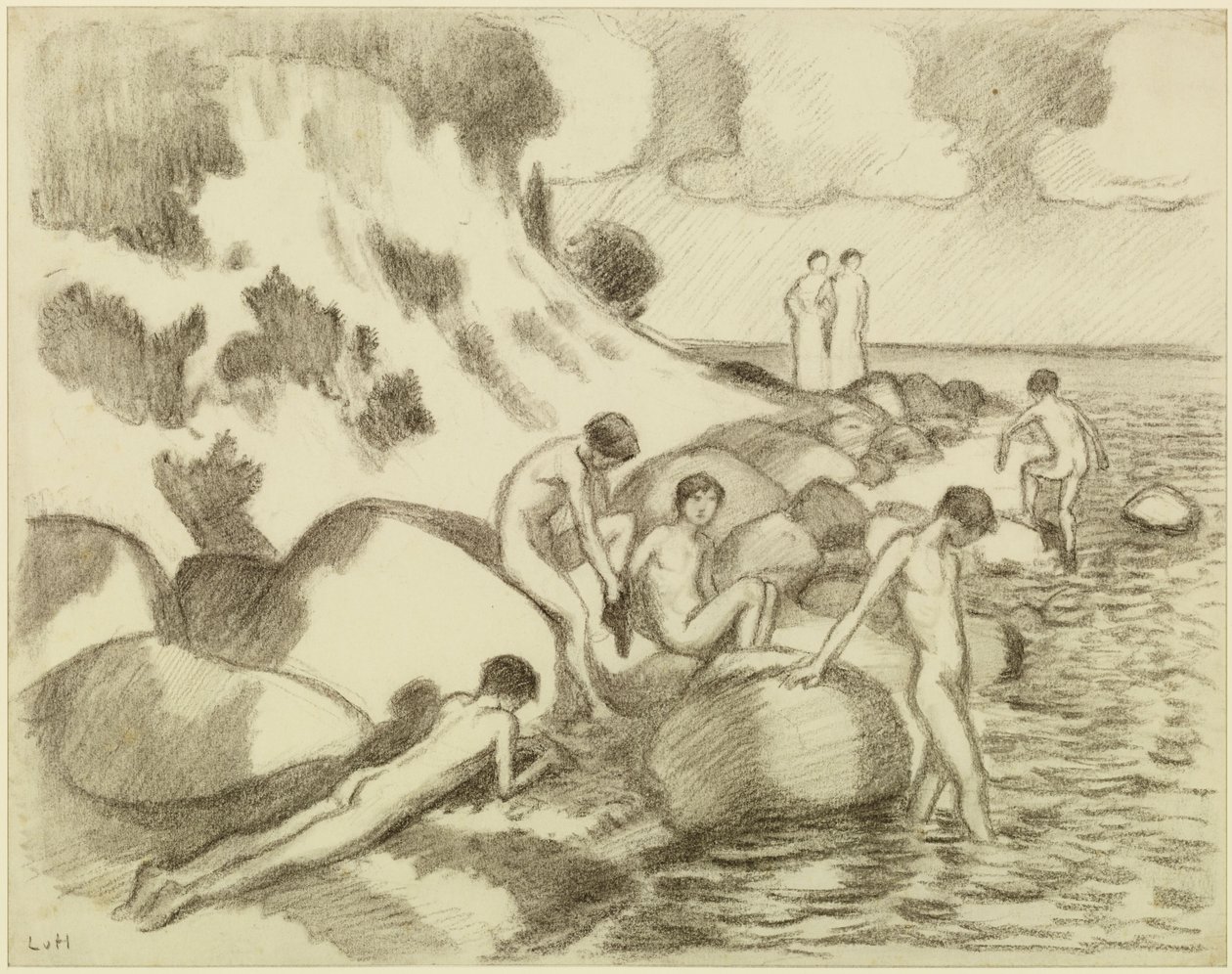 Badende gutter på stranden, to kvinner i bakgrunnen av Ludwig von Hofmann