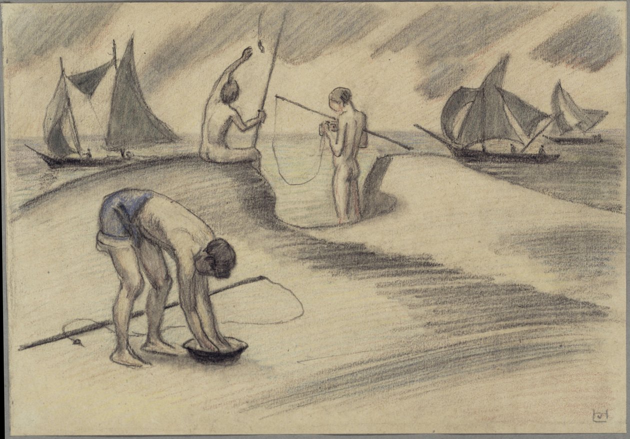 Tre fiskende gutter ved havet med seilskip av Ludwig von Hofmann