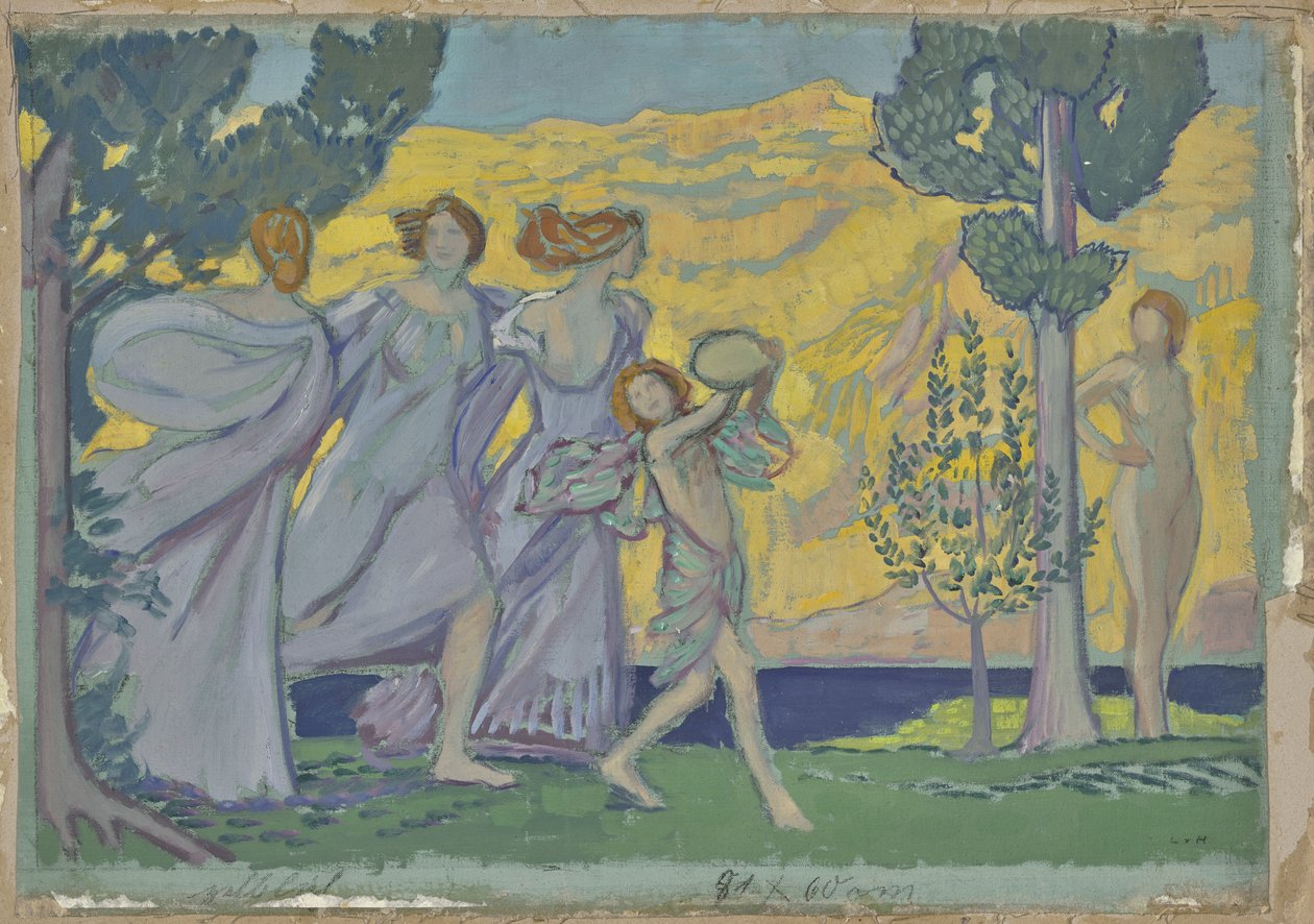 Tre dansende jenter og tamburinspillere av Ludwig von Hofmann