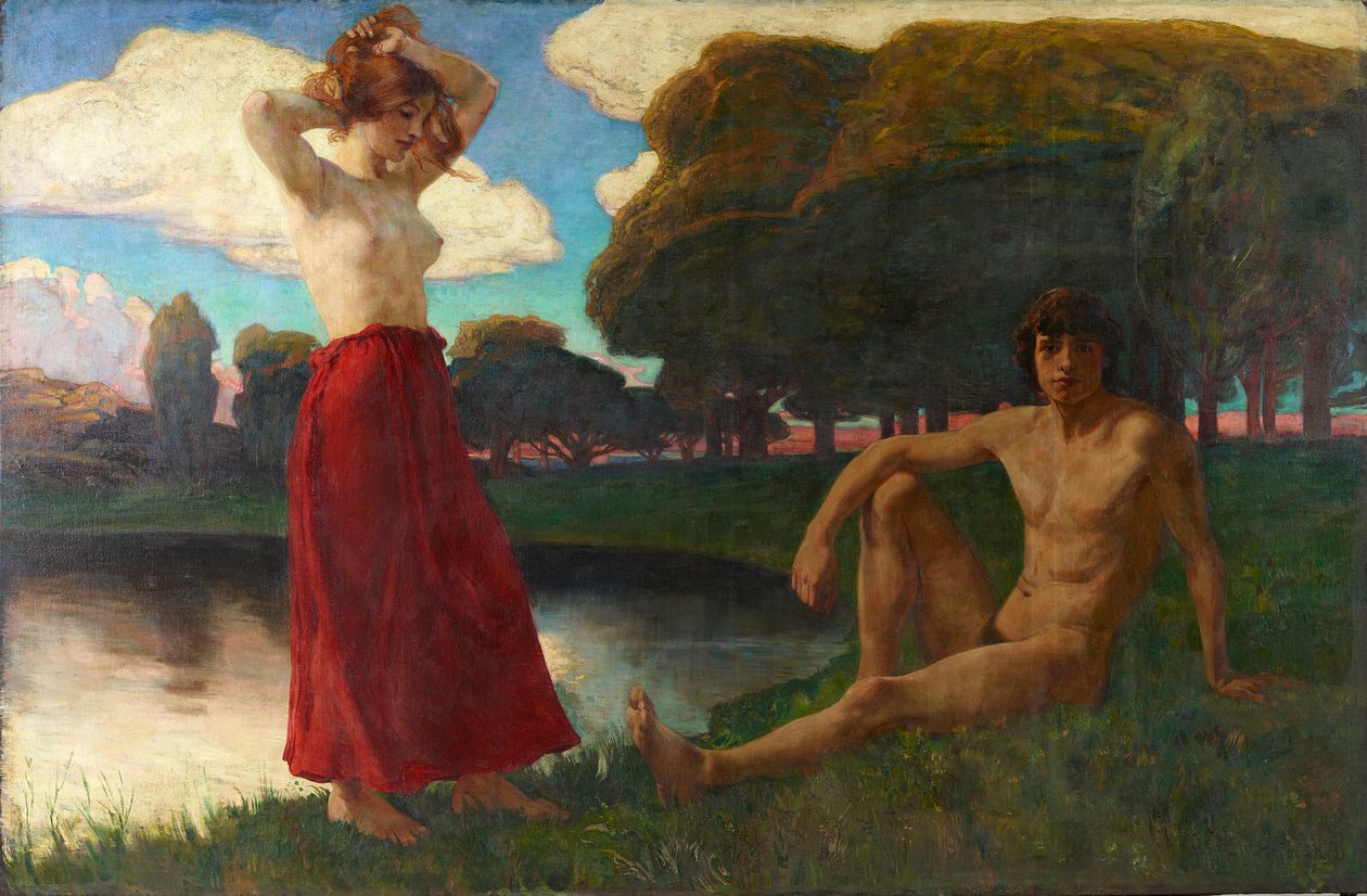 Idyll (Hann og kvinne halvnaken i landskapet) av Ludwig von Hofmann