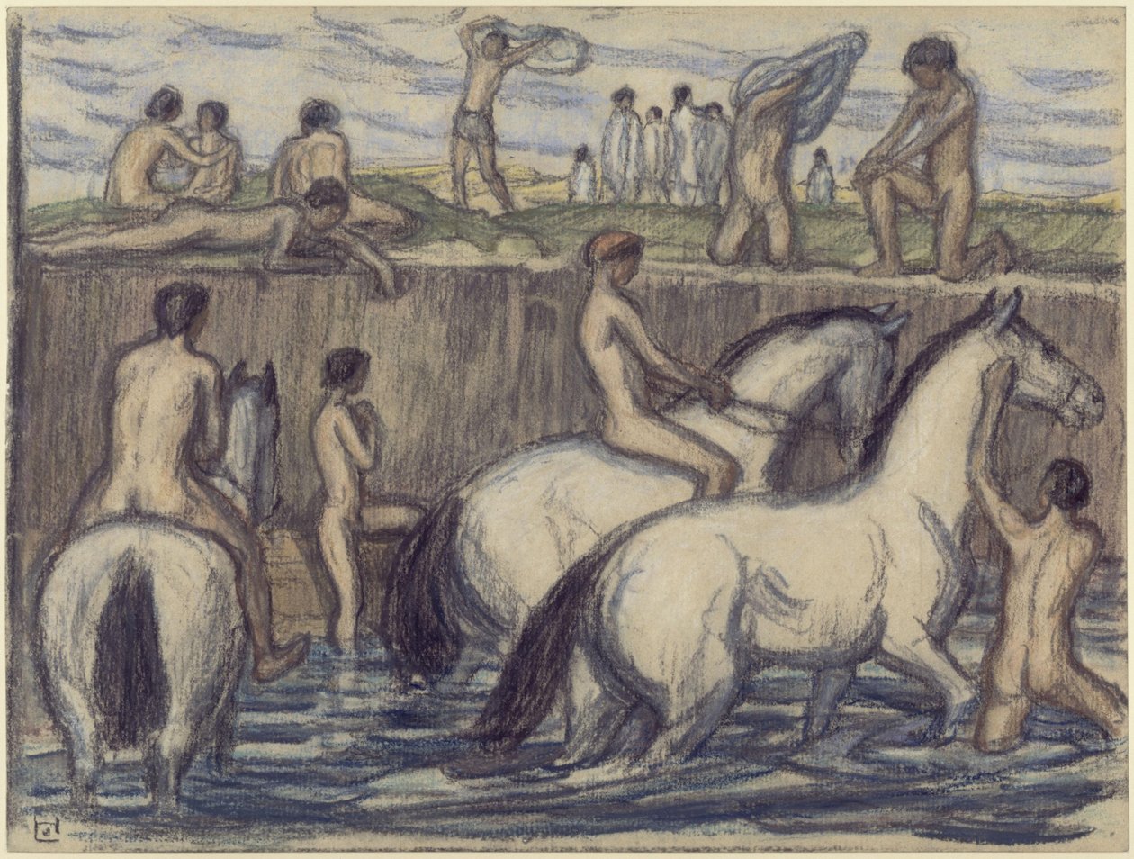 Unge menn med hester ved vanningsstedet av Ludwig von Hofmann