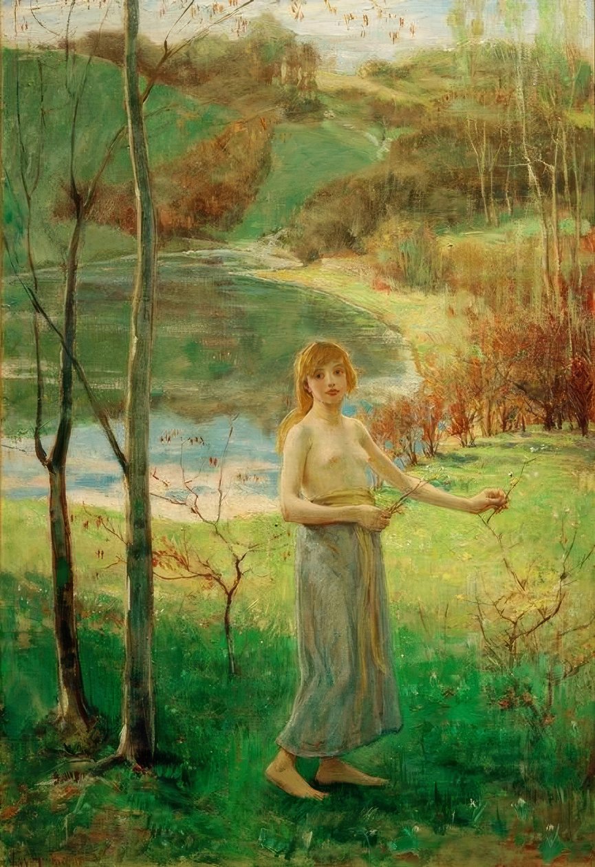 Ung kvinne plukker blomster av Ludwig von Hofmann