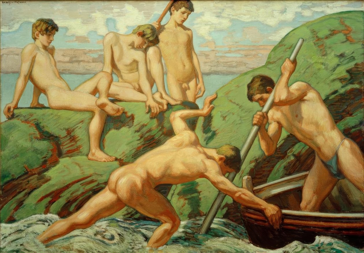 Nakne båtmenn (fiskere) og gutter på den grønne fjæra av Ludwig von Hofmann