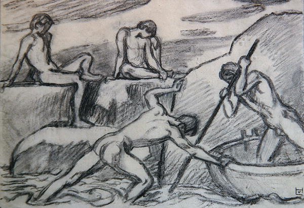 Naken båtsmann og ungdommer på en grønn kyst (grafitt på papir) av Ludwig von Hofmann