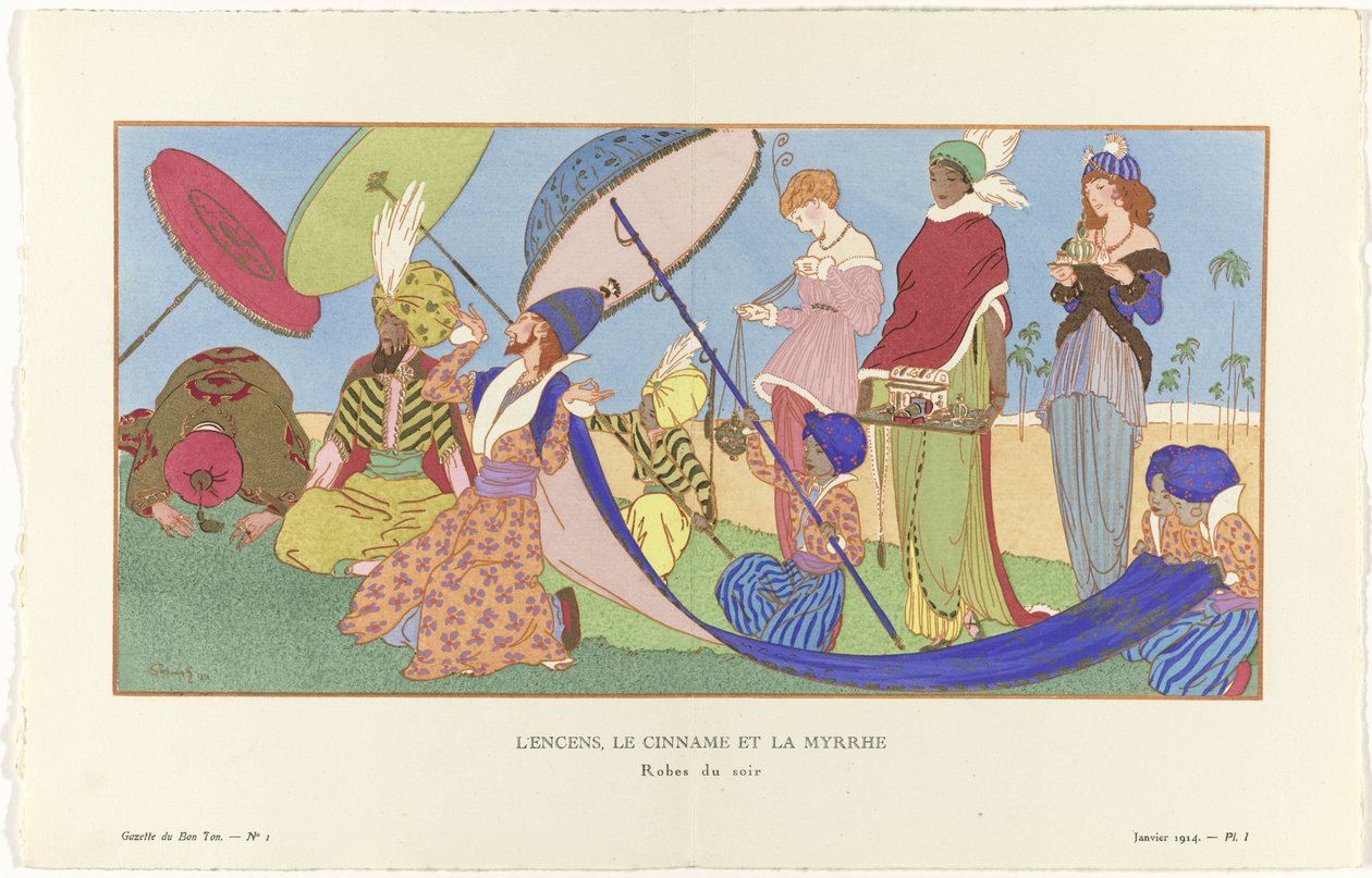 Gazette du Bon Ton, 1914 - nr. 1, Pl. I: Røkelse, kanel og myrra / aftenkjoler. (tittel på objekt) av Ludwik Strimpl