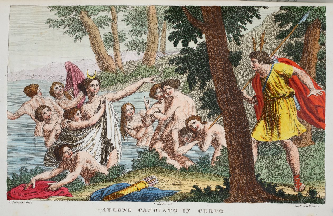 Actaeon into a Stag eller Ateone Cangiato in Cervo, illustrasjon fra Ovids Metamorphoses, Firenze, 1832 (håndfarget gravering) av Luigi Ademollo