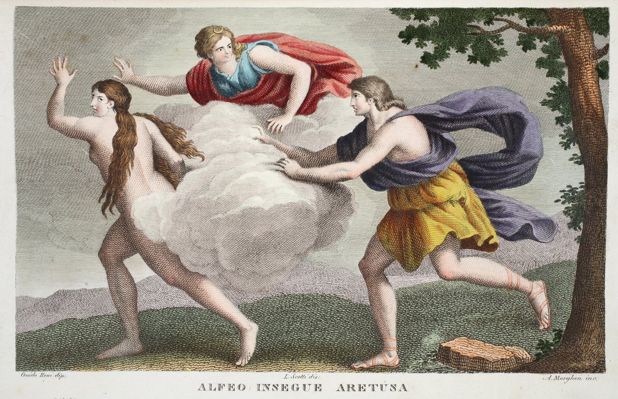 Arethusa into a Fountain eller Alfeo Insegue Aretusa, bok V, illustrasjon fra Ovids Metamorphoses, Firenze, 1832 (håndfarget gravering) av Luigi Ademollo