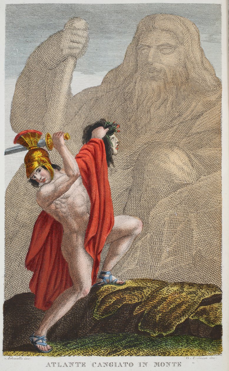 Atlas into a Mountain eller Atlante Cangiato in Monte, bok IV, illustrasjon fra Ovids Metamorphoses, Firenze, 1832 (håndfarget gravering) av Luigi Ademollo