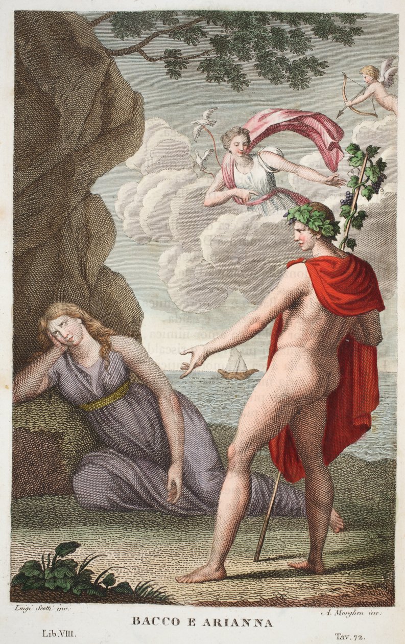Bacchus og Ariadne eller Bacco e Arianna, bok VIII, illustrasjon fra Ovids Metamorphoses, Firenze, 1832 (håndfarget gravering) av Luigi Ademollo