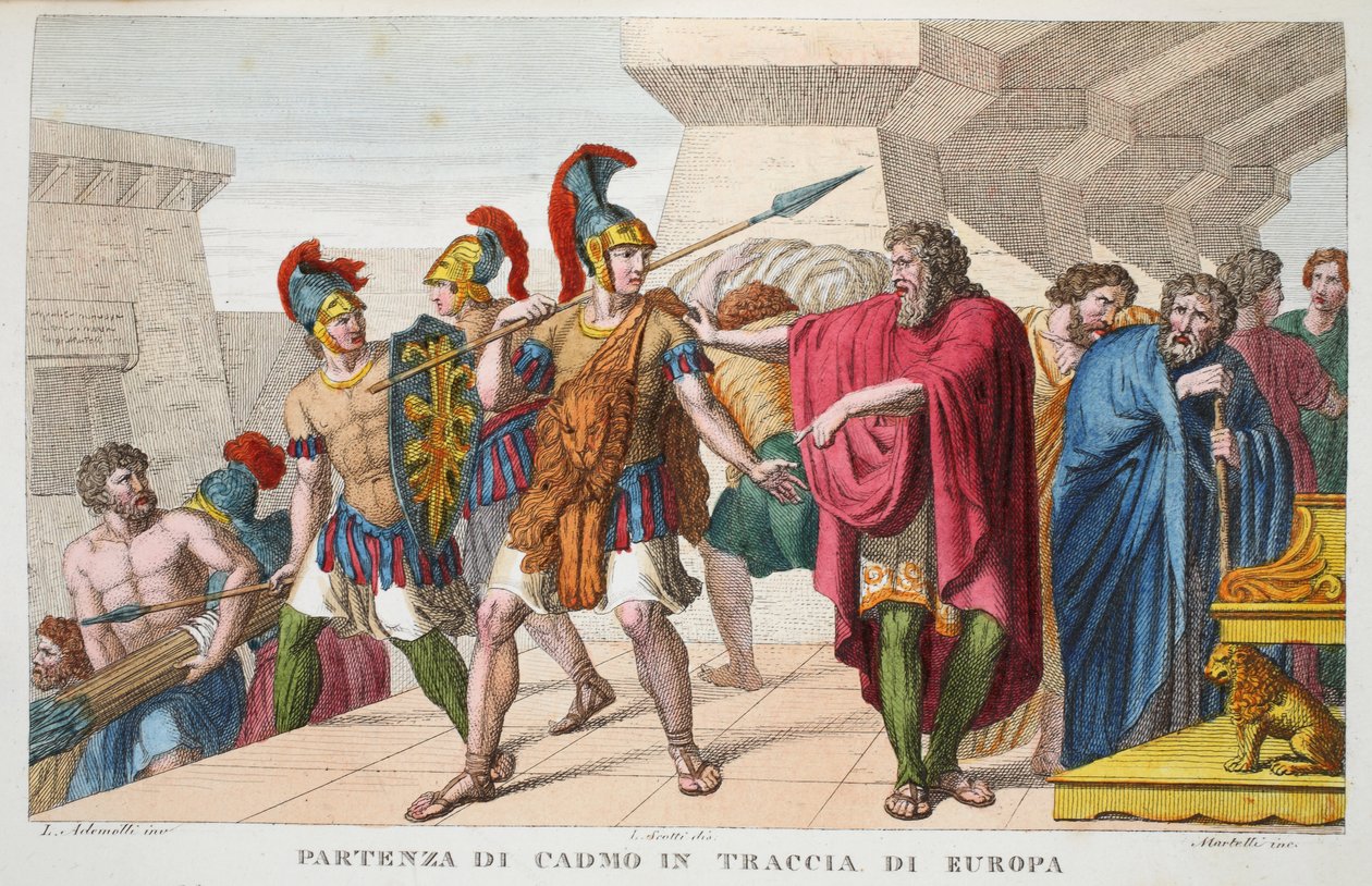 Cadmus setter ut eller Partenza de Cadmo i Traccia di Europa, bok III, illustrasjon fra Ovids Metamorphoses, Firenze, 1832 (håndfarget gravering) av Luigi Ademollo