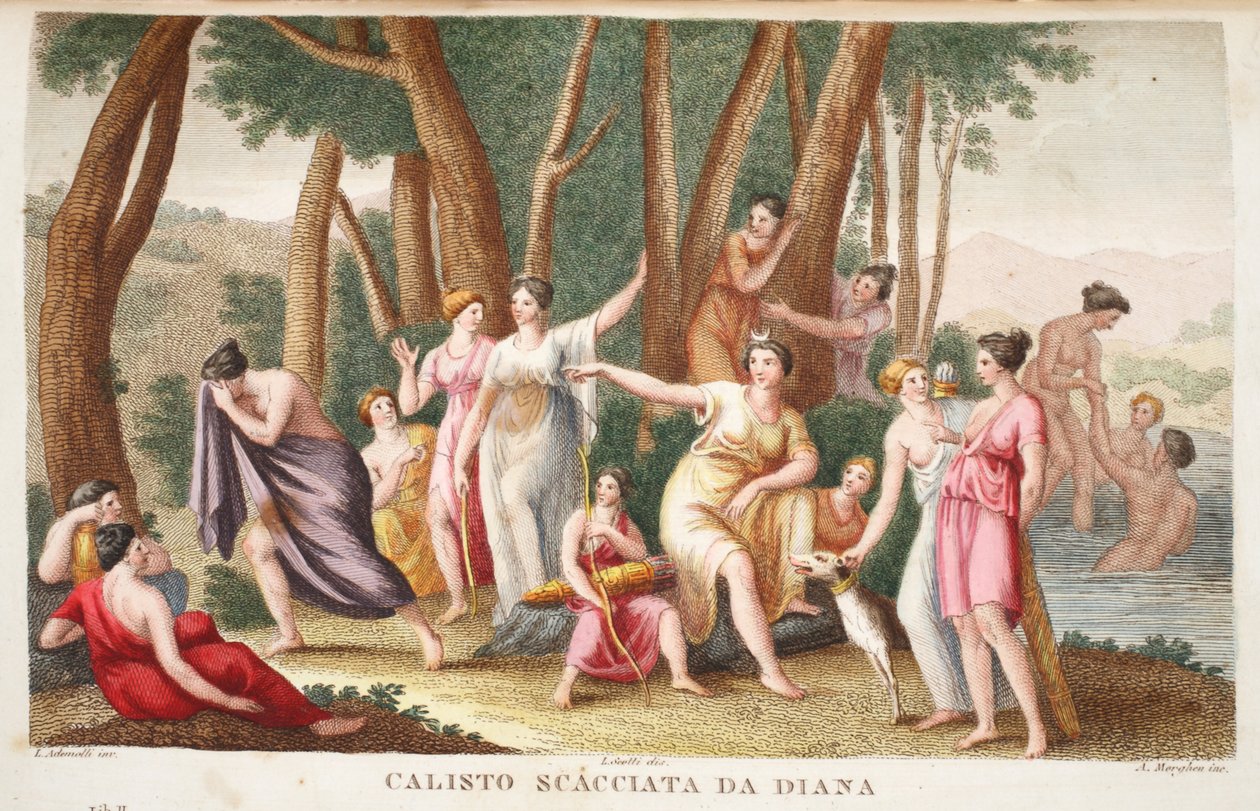 Callisto er omgjort til en bjørn eller Calisto Scacciata da Diana, illustrasjon fra Ovids Metamorphoses, Firenze, 1832 (håndfarget gravering) av Luigi Ademollo