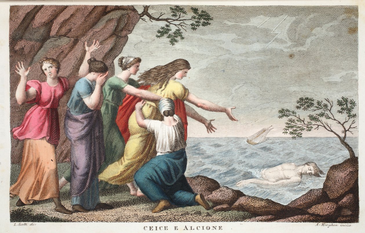 Ceyx og Alcyone eller Ceice e Alcione, bok XI, illustrasjon fra Ovids Metamorphoses, Firenze, 1832 (håndfarget gravering) av Luigi Ademollo