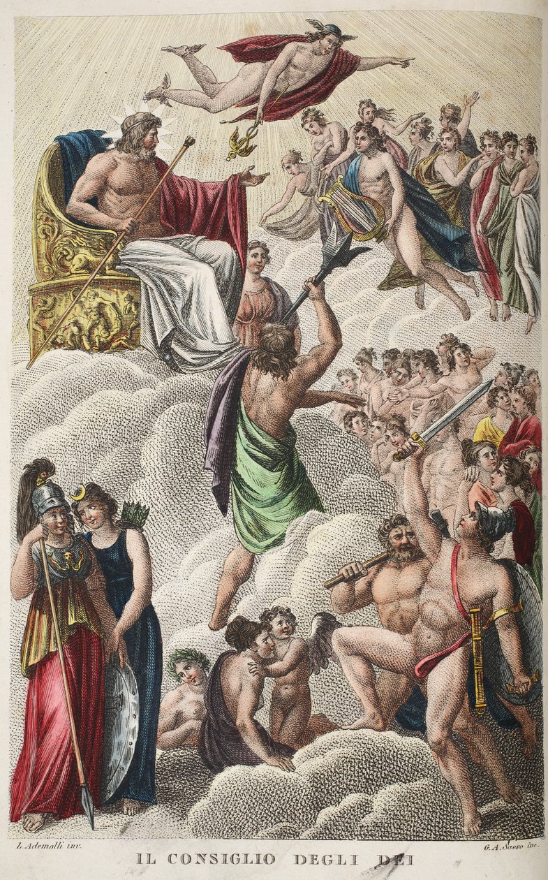 Council of the Gods eller Il Consiglio Degli Dei, bok I, illustrasjon fra Ovids Metamorphoses, Firenze, 1832 (håndfarget gravering) av Luigi Ademollo
