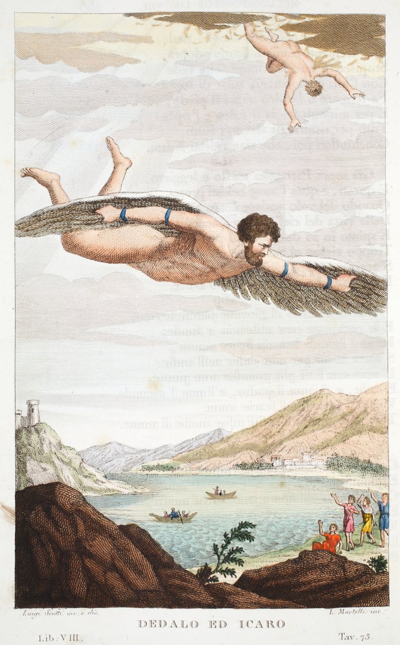 Daedalus og Icarus eller Dedalo ed Icaro, bok VIII, illustrasjon fra Ovids Metamorphoses, Firenze, 1832 (håndfarget gravering) av Luigi Ademollo