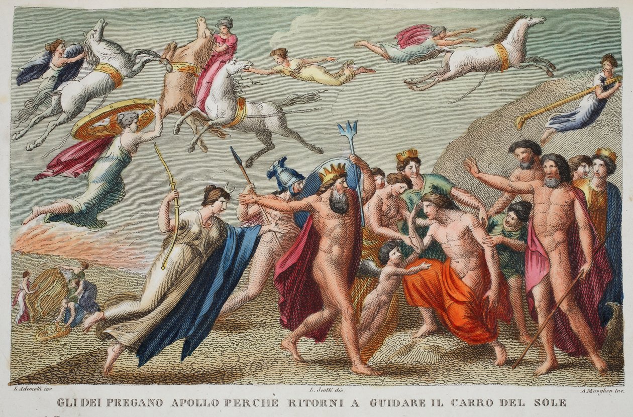 Misfornøyd Apollo nekter å kjøre eller Gli Dei Oregano Apollo Perche kommer tilbake for å kjøre solens vogn, illustrasjon fra Ovids Metamorphoses, Firenze, 1832 (håndfarget gravering) av Luigi Ademollo