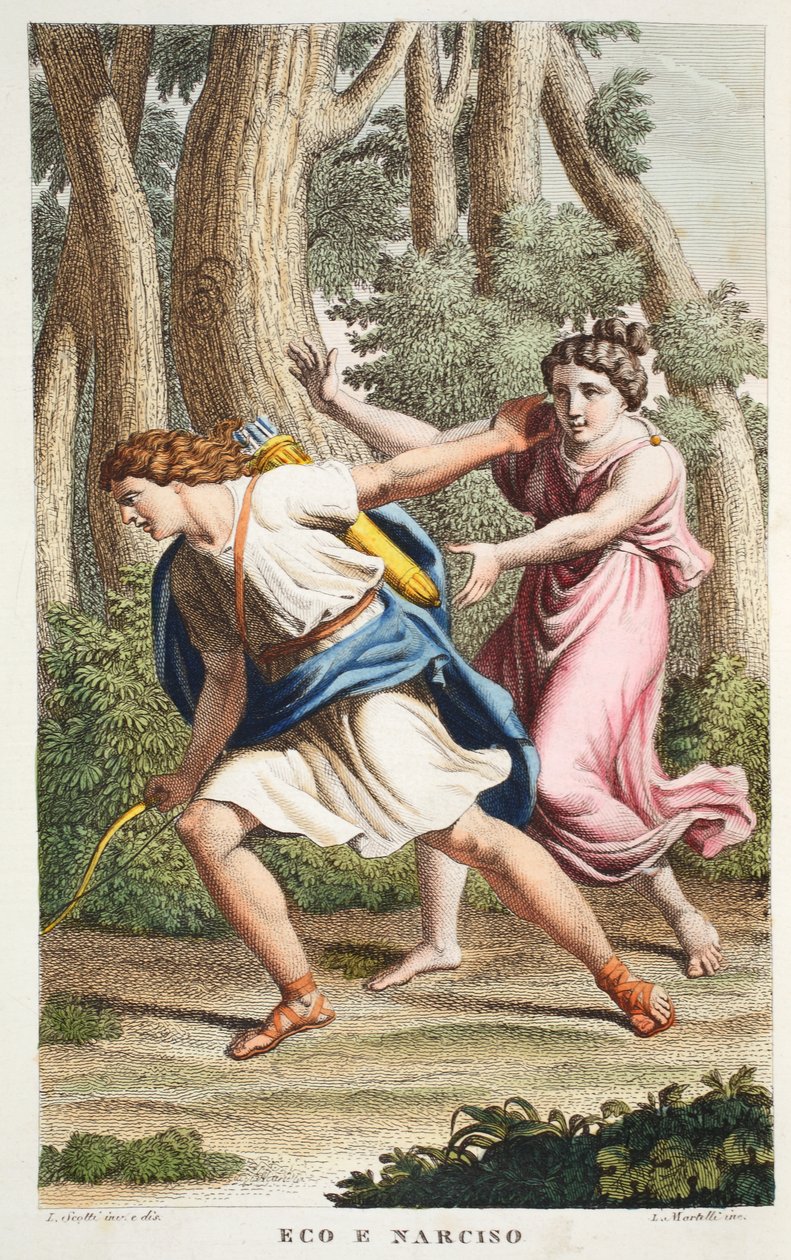 Echo and Narcissus eller Eco e Narciso, bok III, illustrasjon fra Ovids Metamorphoses, Firenze, 1832 (håndfarget gravering) av Luigi Ademollo