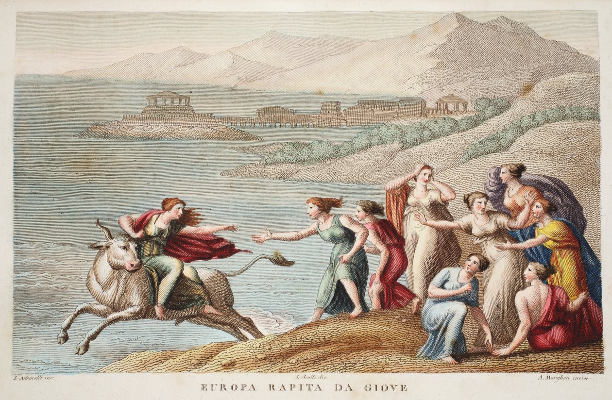 Europa eller Europa Rapita da Giove, illustrasjon fra Ovids Metamorphoses, Firenze, 1832 (håndfarget gravering) av Luigi Ademollo