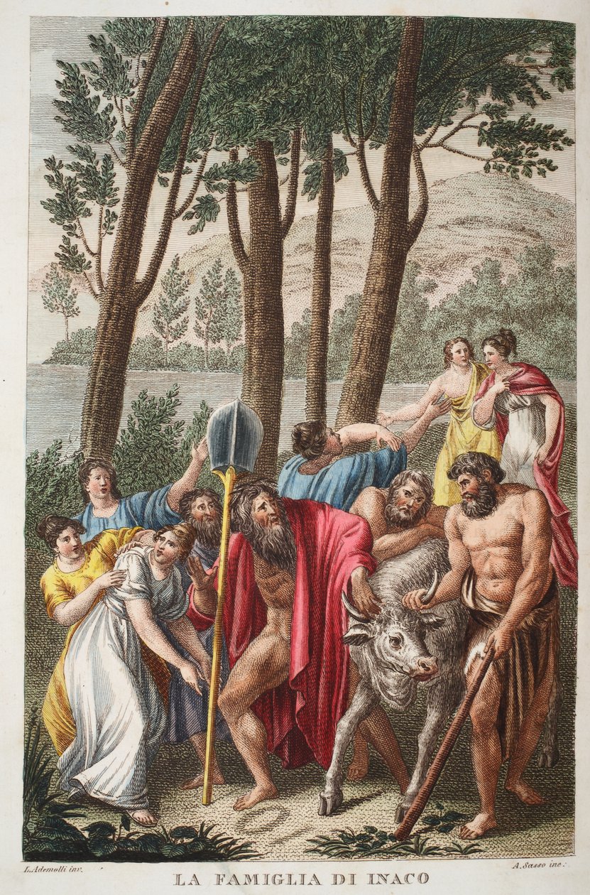 Inachus etterlatt eller La Famiglia di Inaco, bok I, illustrasjon fra Ovids Metamorphoses, Firenze, 1832 (håndfarget gravering) av Luigi Ademollo
