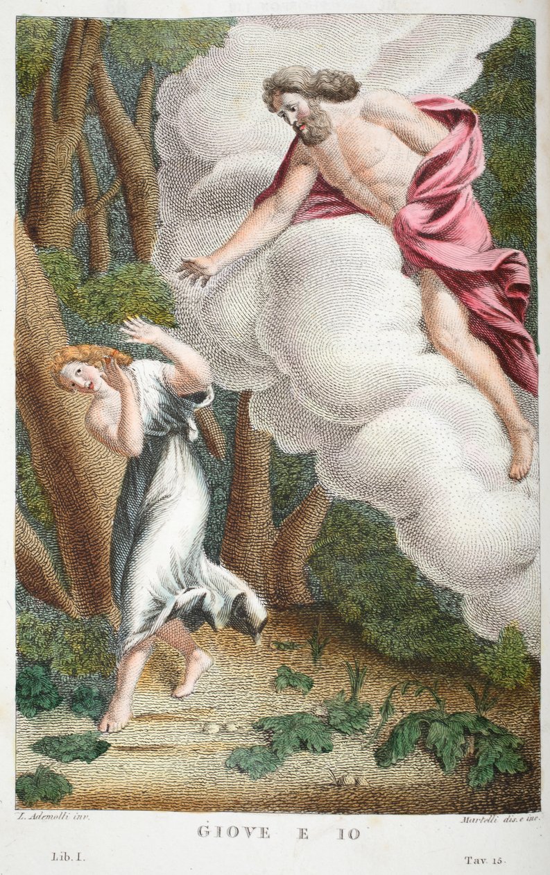 Bli forelsket i Io eller Giove e Io, bok I, illustrasjon fra Ovids Metamorphoses, Firenze, 1832 (håndfarget gravering) av Luigi Ademollo