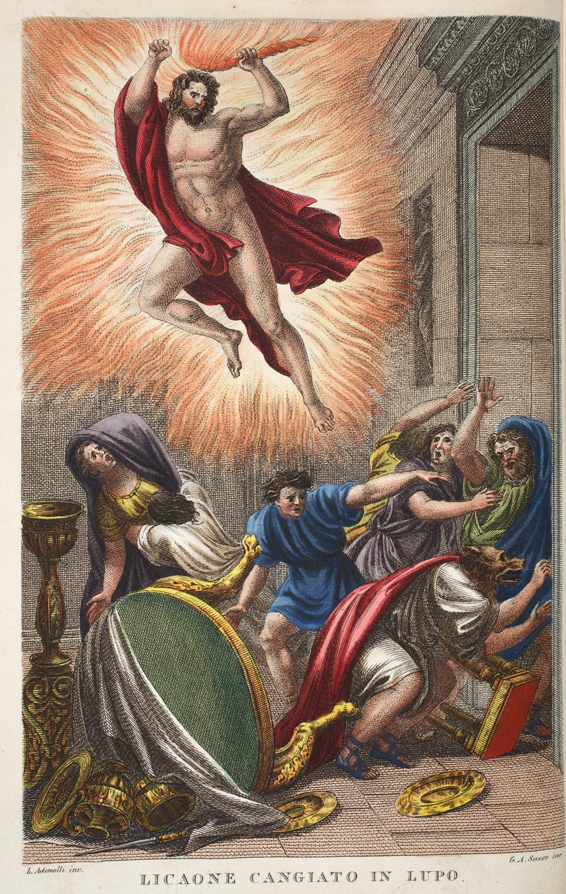 Lycaon into a Wolf eller Licaone Cangiato in Lupo, illustrasjon fra Ovids Metamorphoses, Firenze, 1832 (håndfarget gravering) av Luigi Ademollo
