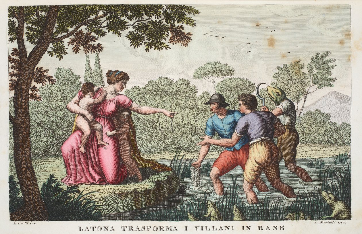Lycian Rustics into Frogs or Latona transforma I Villani in Rane, Book VI, illustrasjon fra Ovid