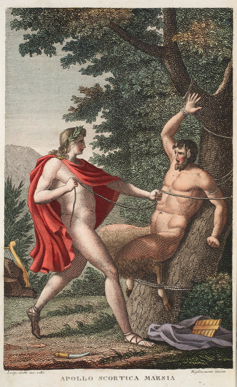 Marsyas er flådd av Apollo eller Apollo Scortica Marsia, bok VI, illustrasjon fra Ovids Metamorphoses, Firenze, 1832 (håndfarget gravering) av Luigi Ademollo