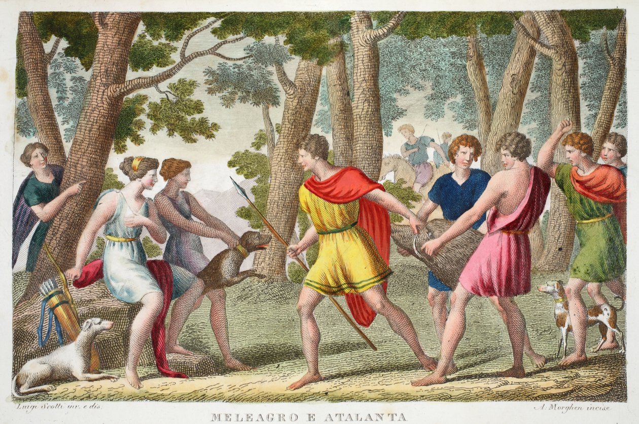 Meleager og Atlanta eller Meleagro e Atalanta, bok VIII, illustrasjon fra Ovids Metamorphoses, Firenze, 1832 (håndfarget gravering) av Luigi Ademollo