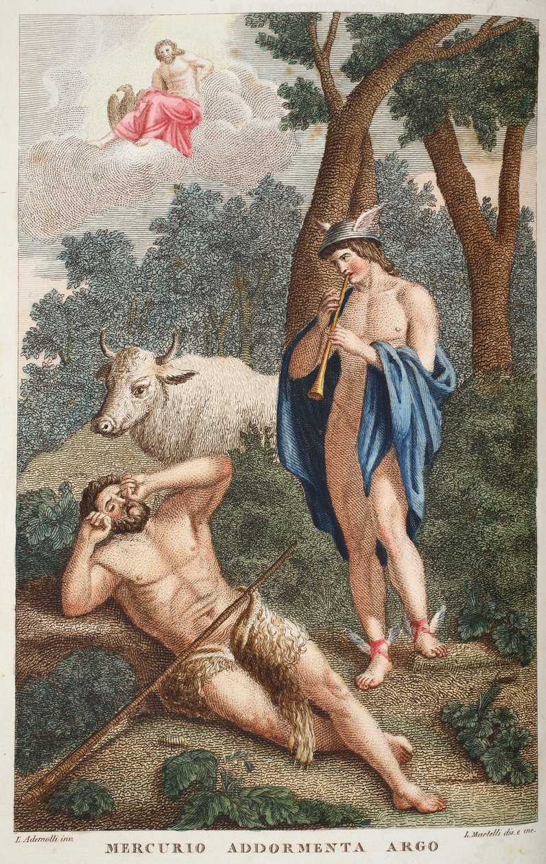 Mercury setter Argus i dvale eller Mercurio Addormenta Argo, illustrasjon fra Ovids Metamorphoses, Firenze, 1832 (håndfarget gravering) av Luigi Ademollo