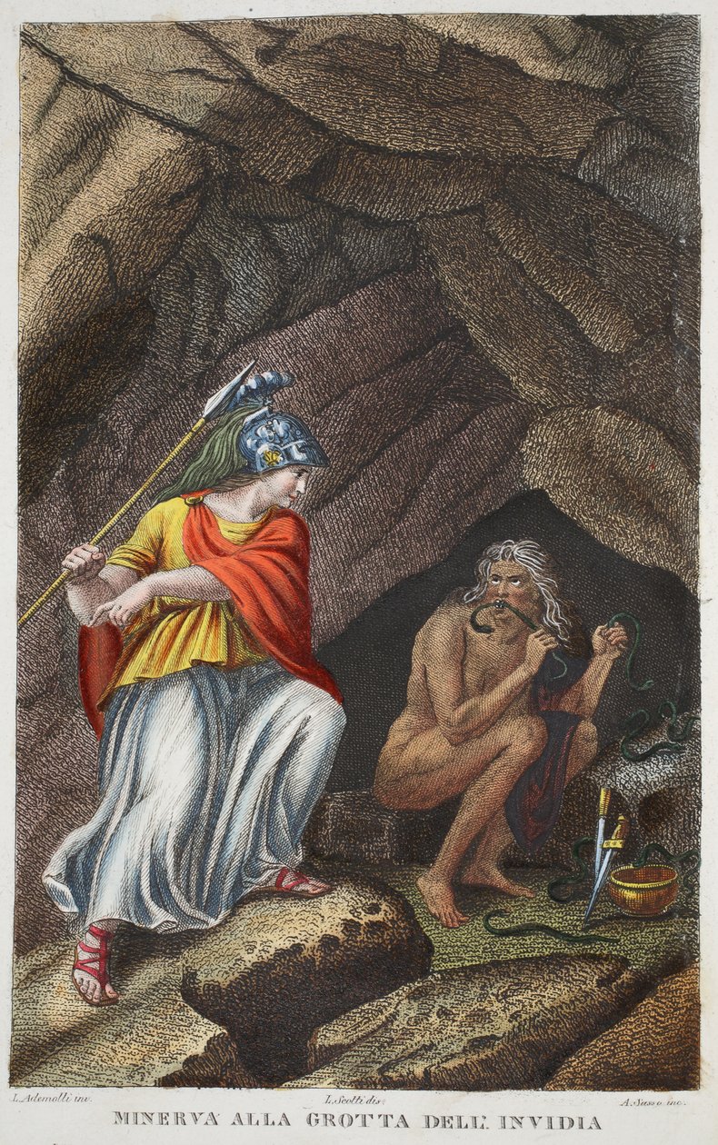 Minerva besøker Envy eller Minerva all Grotta deli Invidia, illustrasjon fra Ovids Metamorphoses, Firenze, 1832 (håndfarget gravering) av Luigi Ademollo