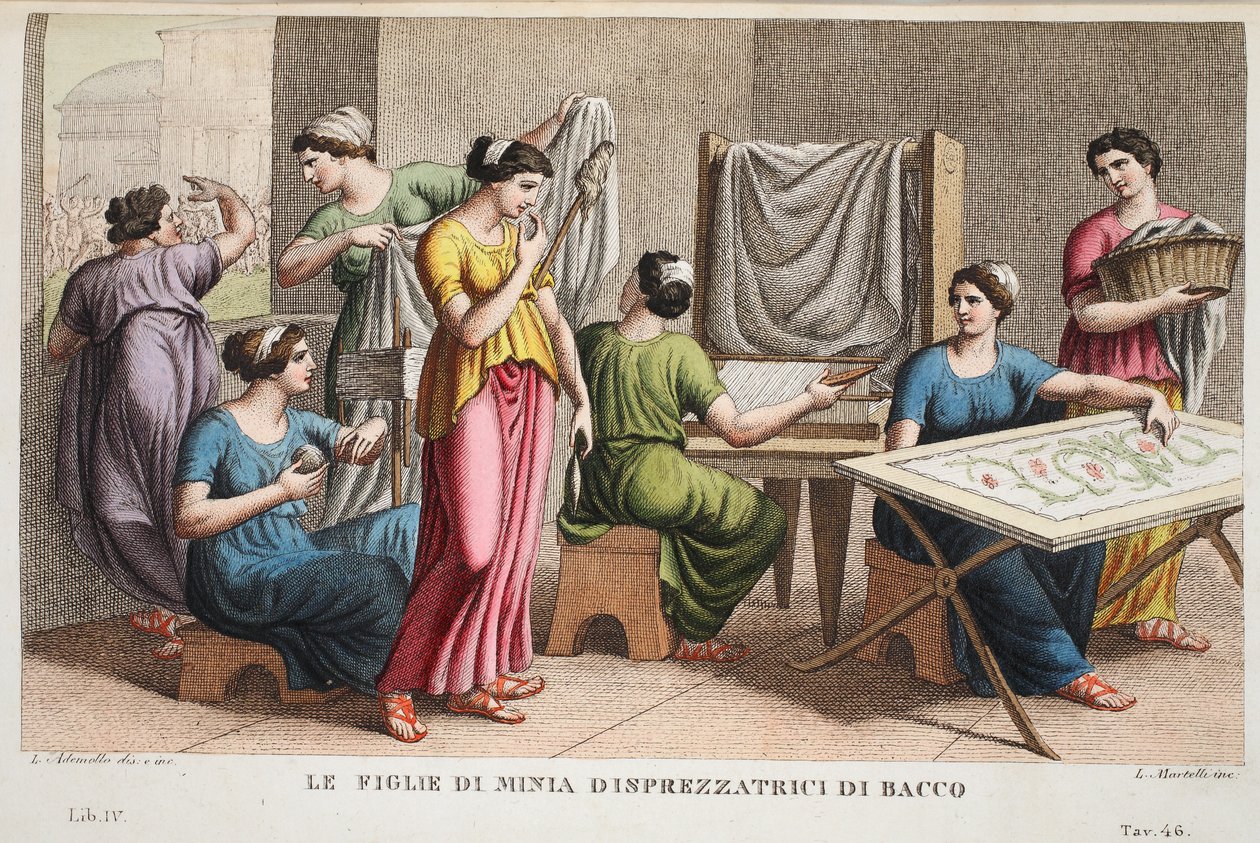 Minyades eller Figlie di Minia Disprezzatrici di Bacco, bok IV, illustrasjon fra Ovids Metamorphoses, Firenze, 1832 (håndfarget gravering) av Luigi Ademollo