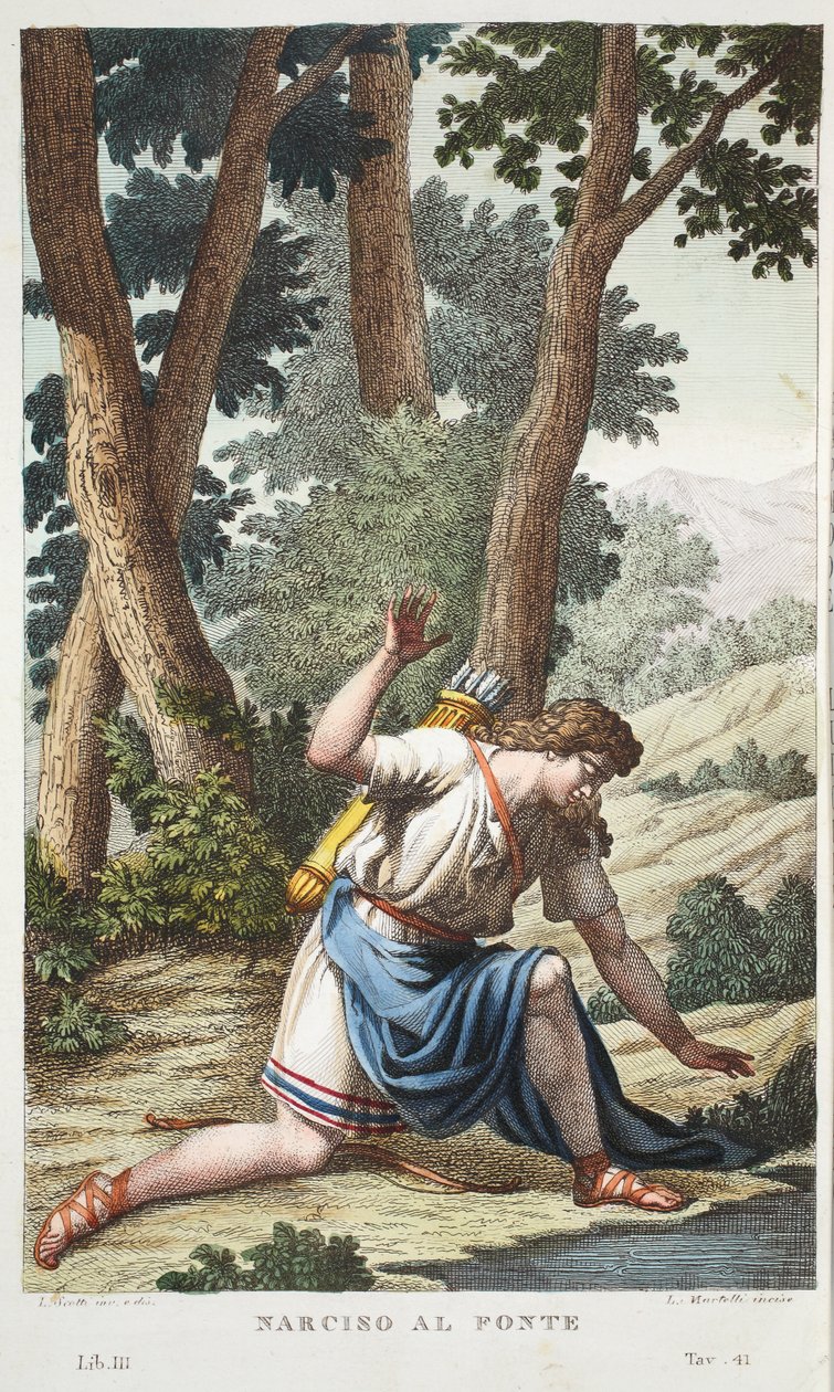 Narcissus into a flower eller Narciso al Fonte, bok III, illustrasjon fra Ovids Metamorphoses, Firenze, 1832 (håndfarget gravering) av Luigi Ademollo