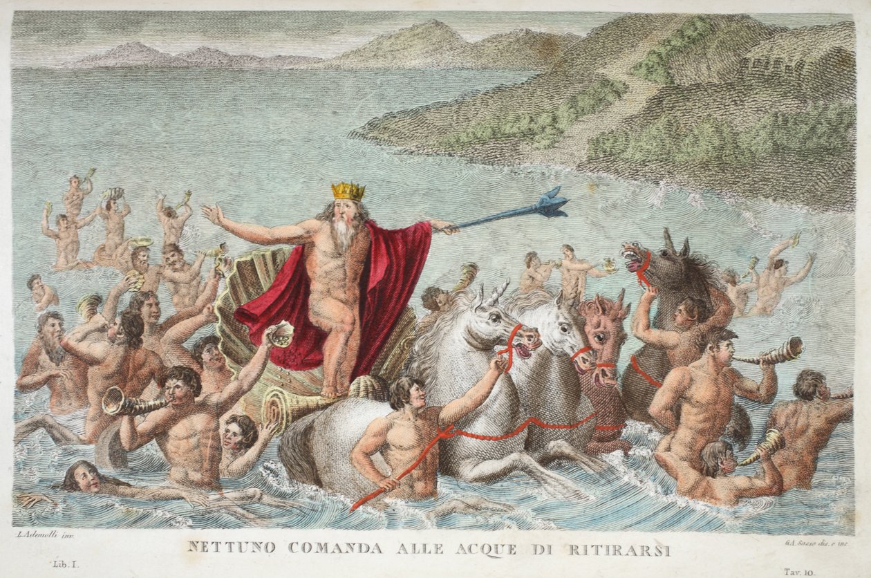 Neptune Calming the Waves eller Nettuno Comanda alle Acque di Ritirarsi, bok I, illustrasjon fra Ovids Metamorphoses, Firenze, 1832 (håndfarget gravering) av Luigi Ademollo