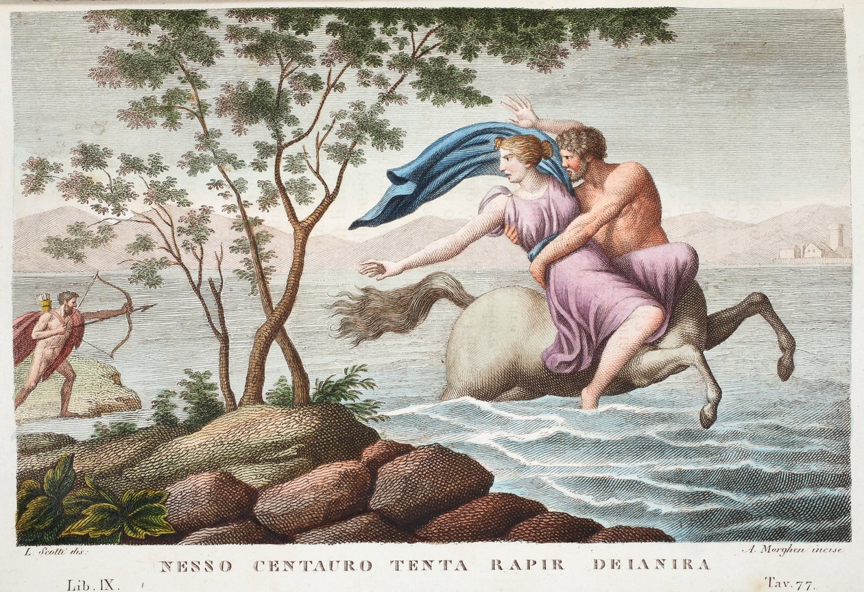 Nessus og Deianira eller Nesso Centauro tenta rapir Deianira, bok IX, illustrasjon fra Ovids Metamorphoses, Firenze, 1832 (håndfarget gravering) av Luigi Ademollo