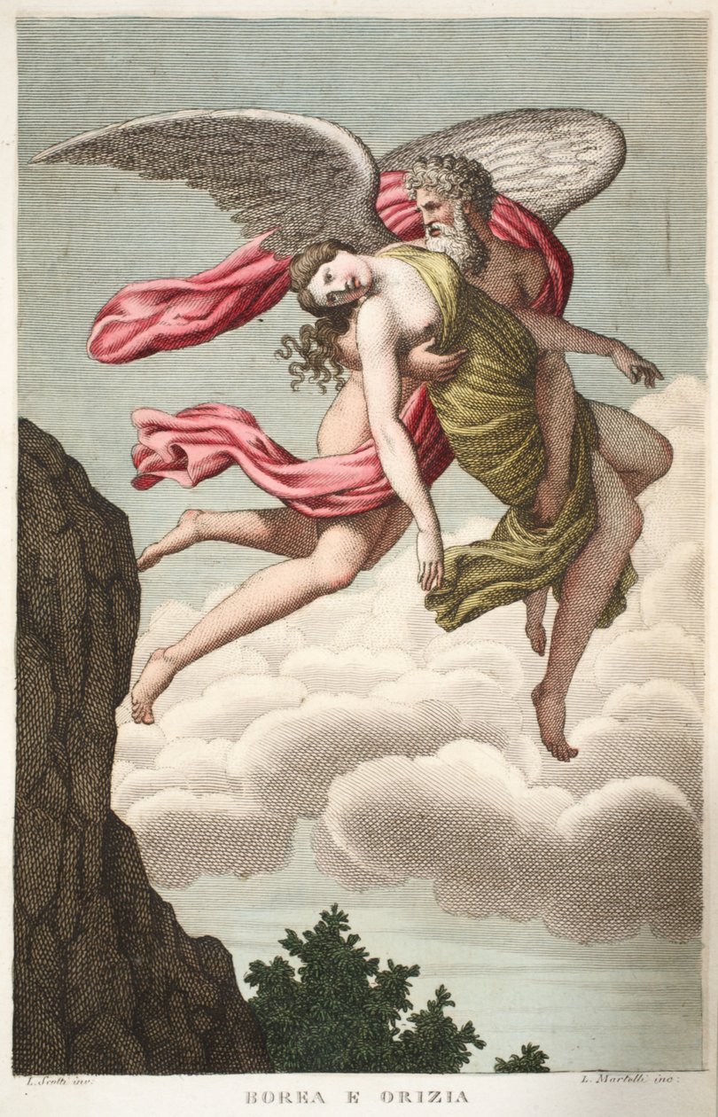 Orithyia er voldtatt av Boreas eller Borea e Orizia, bok VI, illustrasjon fra Ovids Metamorphoses, Firenze, 1832 (håndfarget gravering) av Luigi Ademollo
