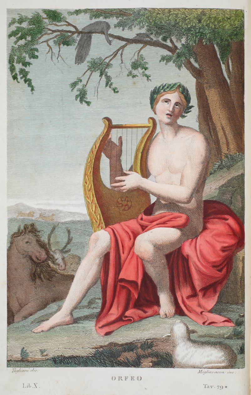 Orpheus eller Orfeo, illustrasjon fra Ovids Metamorphoses, Firenze, 1832 (håndfarget gravering) av Luigi Ademollo