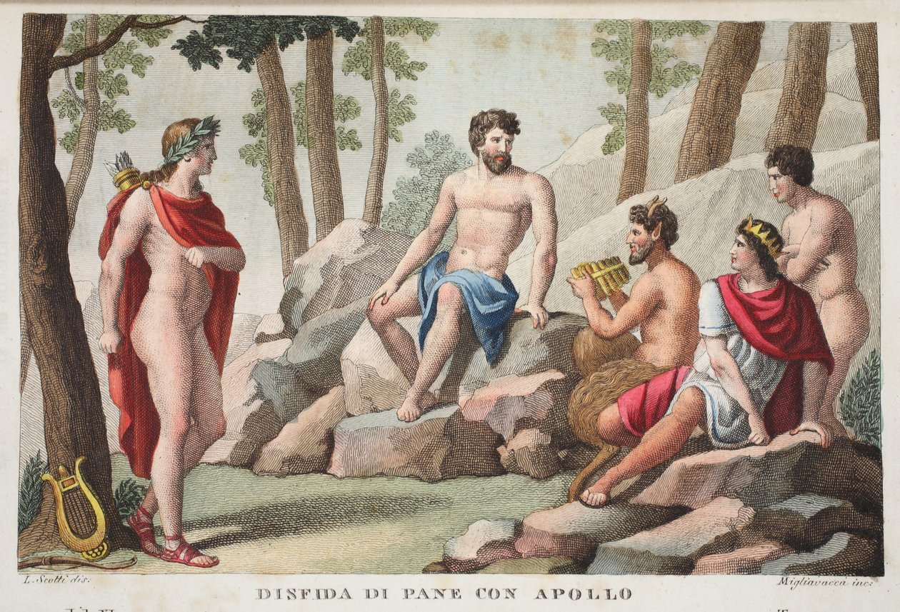 Pan og Apollo eller Dinfida di Pane con Apollo, bok XI, illustrasjon fra Ovids metamorfoser, Firenze, 1832 (håndfarget gravering) av Luigi Ademollo