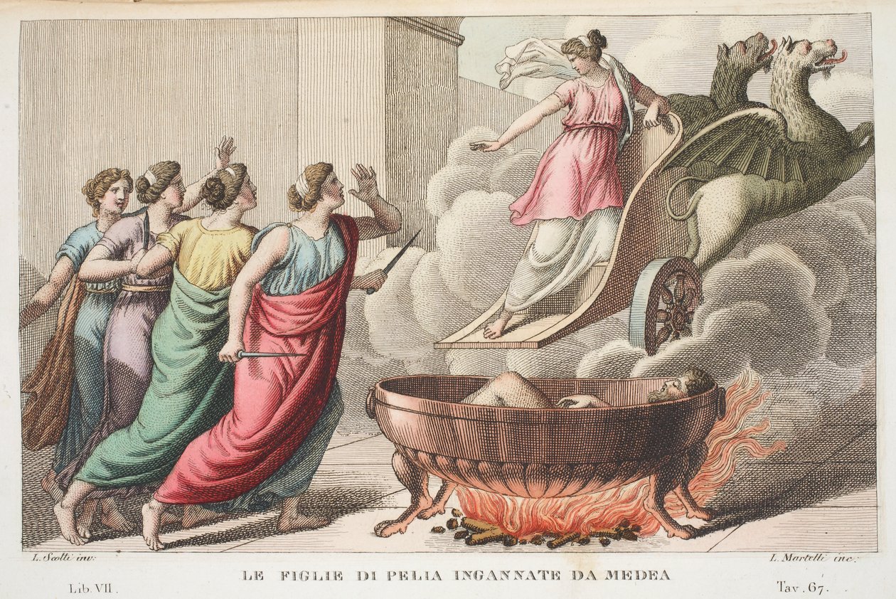 Pelias med døtrene hans eller Le Figlie di Pelia Ingannate da Medea, bok VII, illustrasjon fra Ovids Metamorphoses, Firenze, 1832 (håndfarget gravering) av Luigi Ademollo
