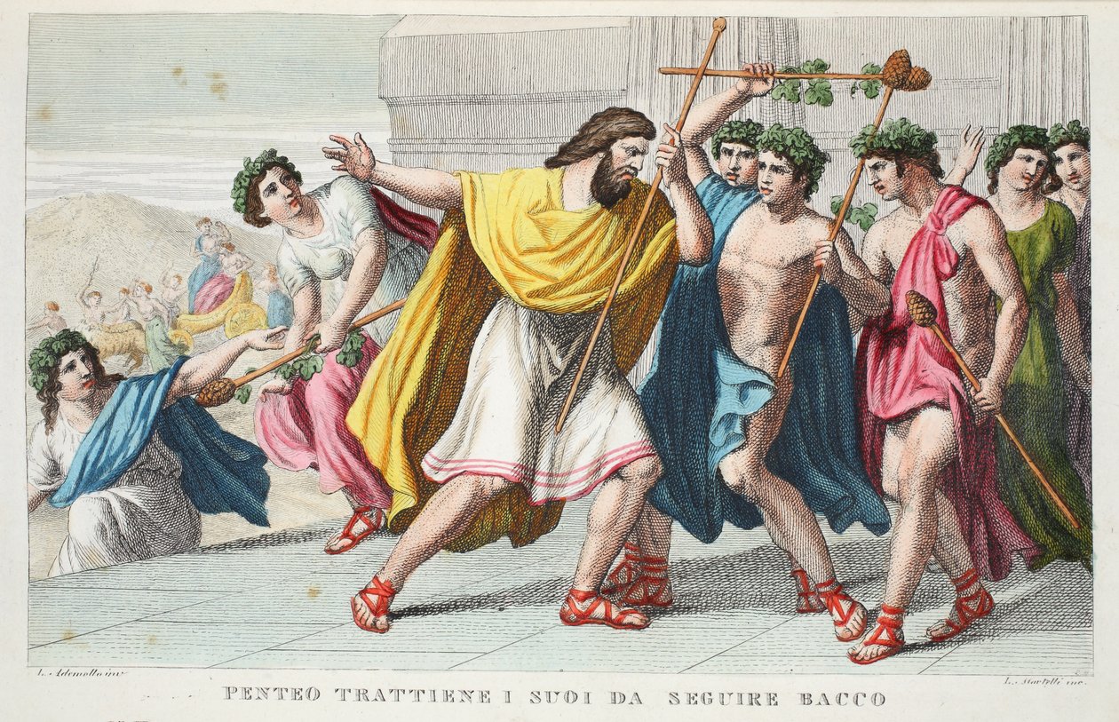 Pentheus forfølger Bacchus' disipler eller Penteo Trattiene I suoi da Seguire Bacco, bok III, illustrasjon fra Ovids Metamorphoses, Firenze, 1832 (håndfarget gravering) av Luigi Ademollo