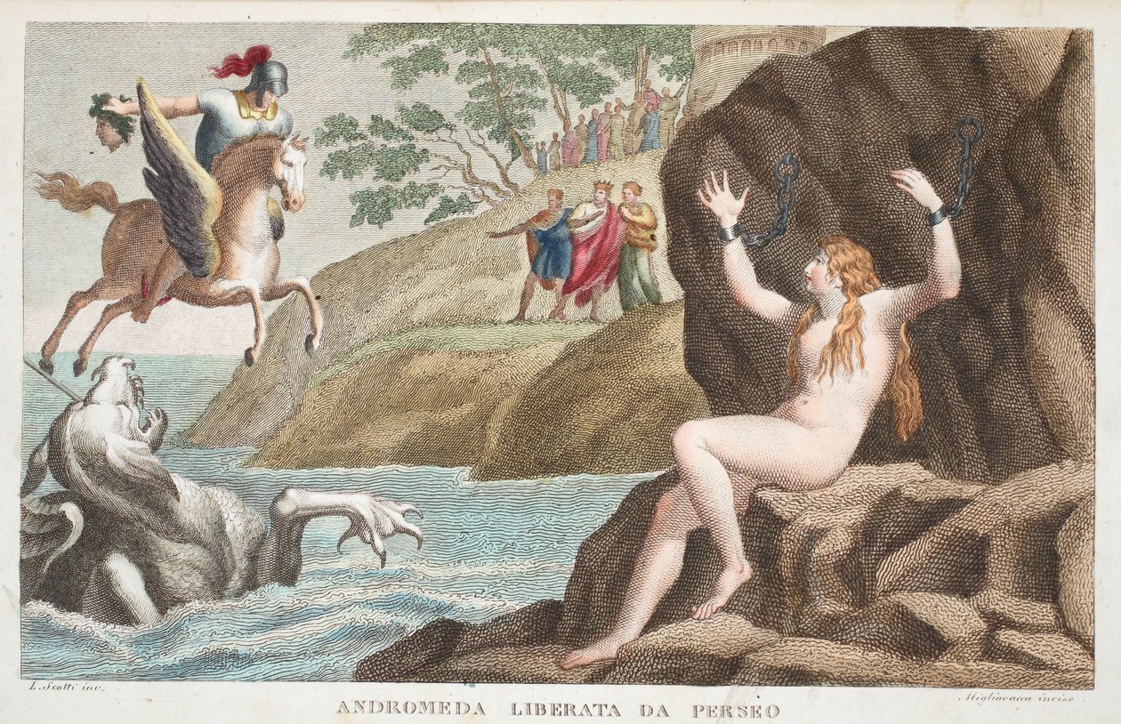 Perseus og Andromeda eller Andromeda Liberata da Perseo, bok IV, illustrasjon fra Ovids Metamorphoses, Firenze, 1832 (håndfarget gravering) av Luigi Ademollo